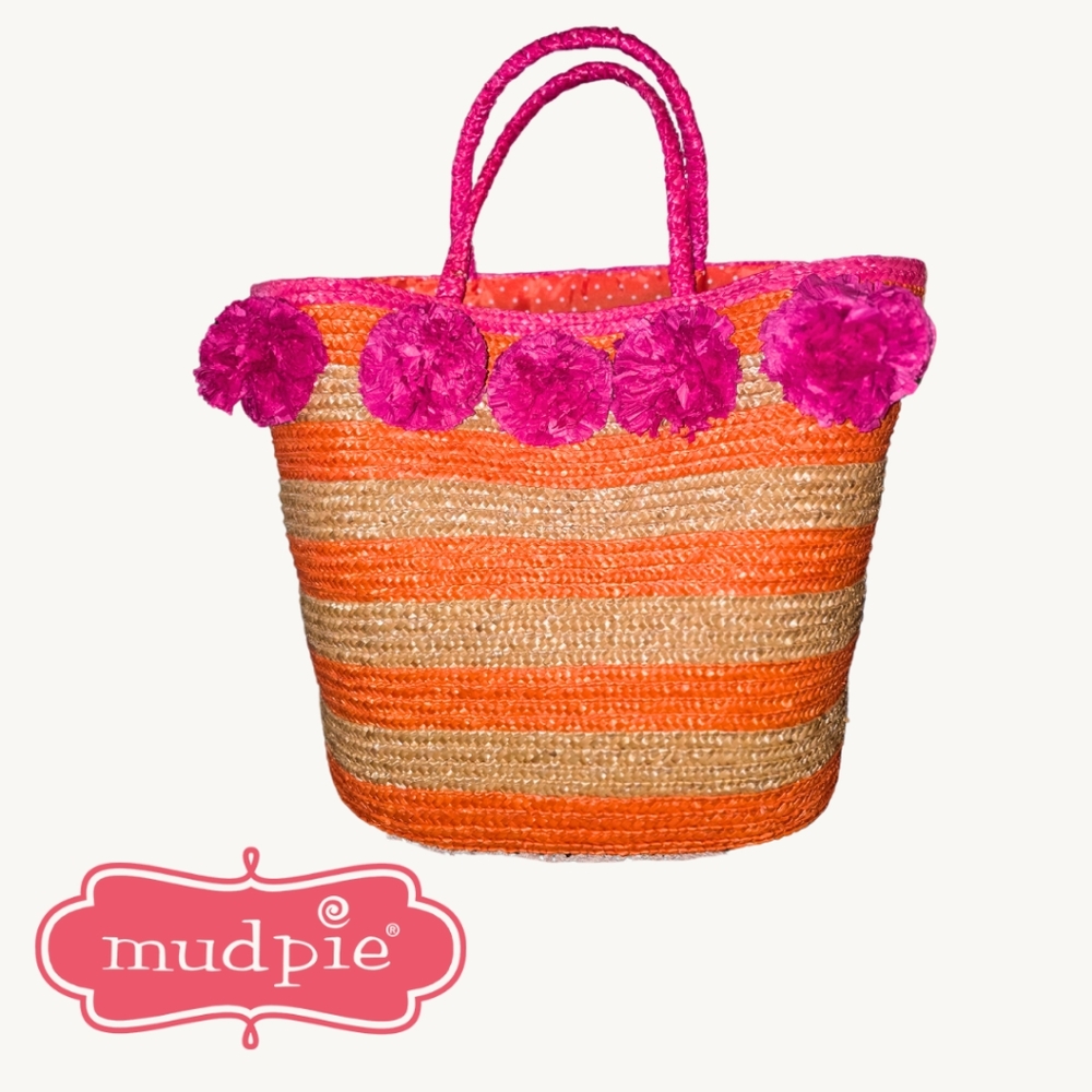 Mud Pie Striped Orange and Tan Beach Tote with Pink Accents